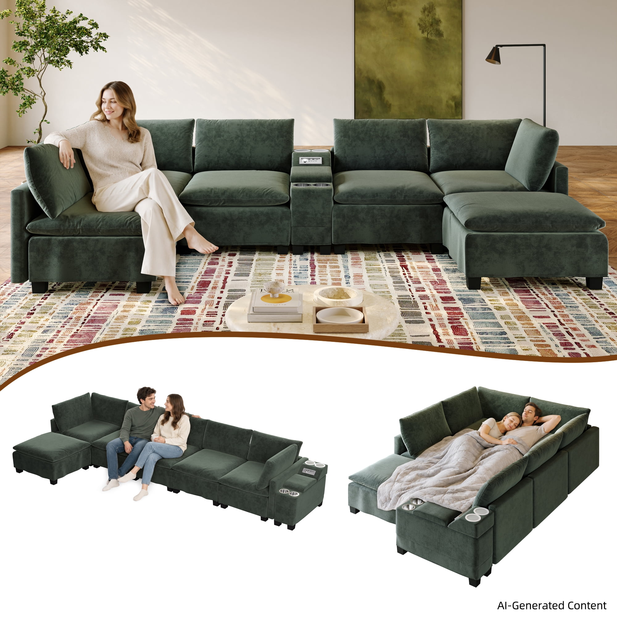 Howcool 121.2" Modular U-Shaped Sectional Sofa, 6-Seat Cloud Couch with Movable Ottoman, Convertible Sofa Bed, Chenille Couch with USB Charging, Cup Holders & Bluetooth Speaker for Living Room, Green
