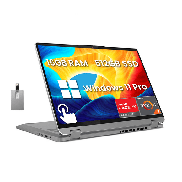 Lenovo IdeaPad Flex 5 2-in-1 Laptop, 16" WUXGA Touchscreen, AMD Ryzen 7 7730U, 16GB RAM, 512GB SSD, AMD Radeon Graphics, Fingerprint Reader, Wi-Fi 6, Win 11 Pro, Grey, 128GB Hotface USB Card