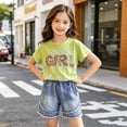 thumbnail image 3 of Hrsba Little Girl Outfits Short Sleeve Crew Neck Tee And Elastic Waist Pearl Decor Denim Shorts Two Piece Set, 3 of 8
