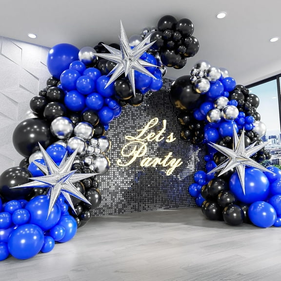 Balloon Garland Arch Kit with 3 Star Balloons, Royal Blue Navy Blue Metallic Silver and Black Balloons for Birthday Graduation New Year Party Decorations