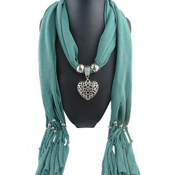 AWZXDE Women's Two-sided Heart Pendant Scarf with Lace Fringe, Hollow Out Design Necklace Scarf for Women, Elegant Resin Charm Wrap for Fashion Accessories Green