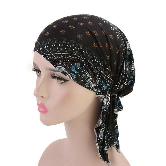 Pisexur Women Head Scarf Pre-Tied Head Scarves Beanies Covers Cap Stretch Print Sleep Turban Hat Ruffle Beanie Scarf