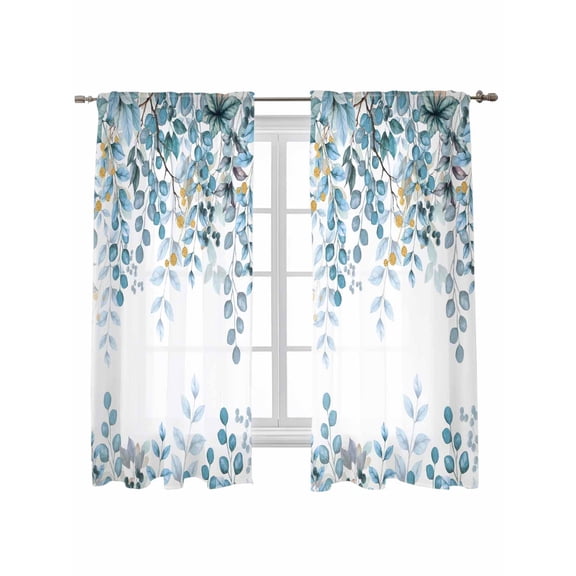 Blue Eucalyptus Leaves Curtains 63 Inch Length, Sheer Curtains for Bedroom Living Room Window Farmhouse Watercolor Floral Rod Pocket Voile Drapes Kitchen Curtains Small Half Window 42"x63" 2 Panels
