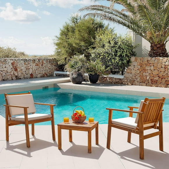 Devoko Patio Set 3 Piece Acacia Wood Outdoor Furniture Conversation Seat with Table & Cushions Porch Chairs for Balcony Deck Backyard Beige