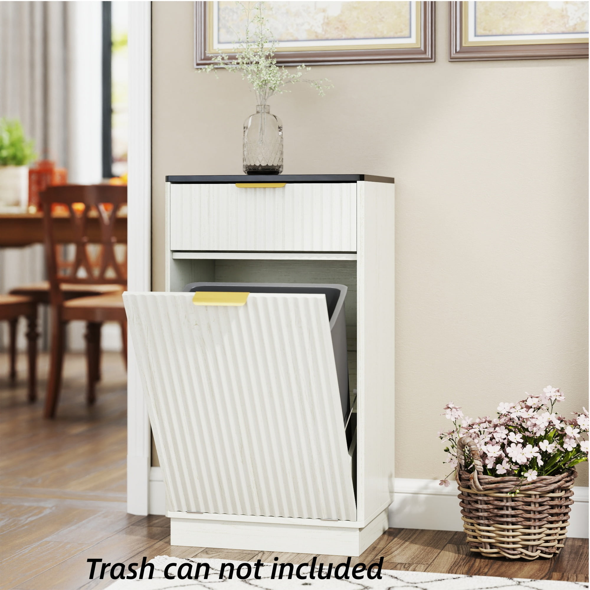Jopath 10-Gallon Woodgrain Tilt-Out Trash Can Cabinet with Wave-Textured Drawer and Pull-Out Bin for Living room Bathroom Kitchen White