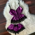 thumbnail image 2 of Leesechin Womens Sleepwear Set V-Neck Eyelash Lace Sexy Stain Camisole Pajamas Bowknot Shorts Set Purple S, 2 of 6