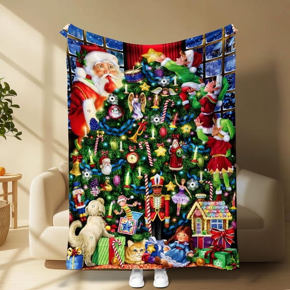 Christmas Flannel Blanket: Santa Claus, Elves & Tree Design, Soft Cozy Warm Throw for Bed, Sofa, Travel, Office, Lightweight No Shedding, Perfect Holiday Gift & Home Decoration