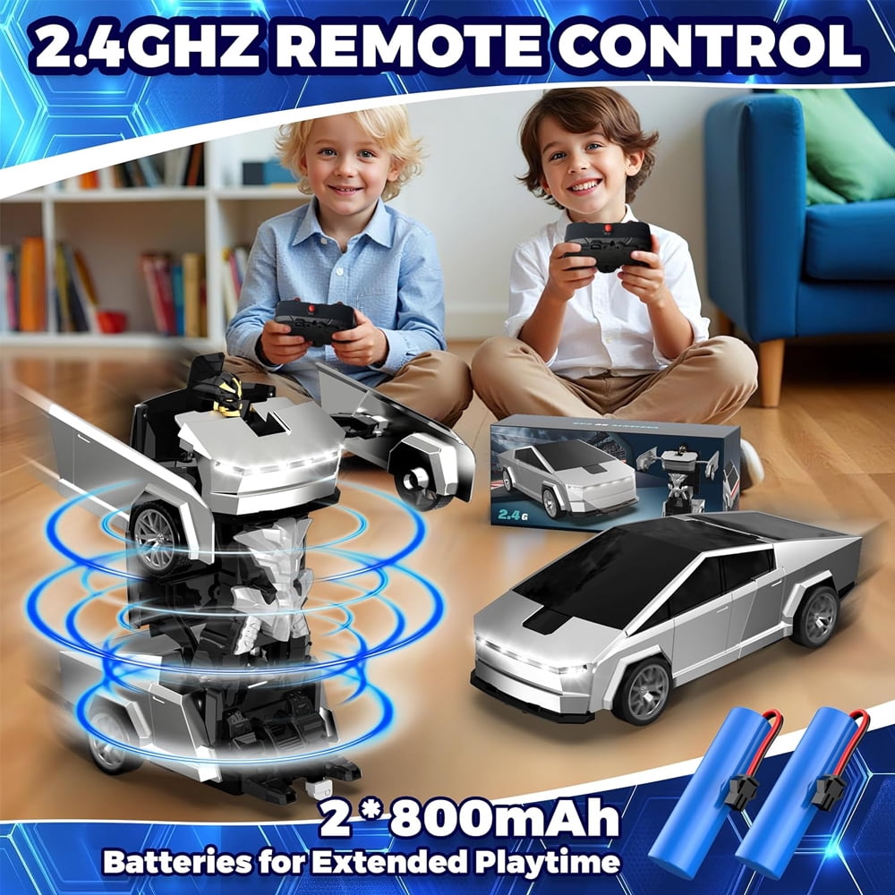 Transform RC Cyber Pickup Truck Cars Robot Toy for Kids, 2.4GHz Remote Control Car with One-Button Deformation 360° Rotation LED Lights Christmas Birthday Gifts for Boys Age 4-7-8-12（1:18 Scale）