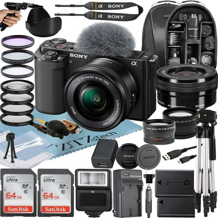 Sony Alpha ZV-E10 Mirrorless Vlog Camera With 16-50mm Lens + Two Pack 64GB Memory Card + Flash + Tripod + Backpack + ZeeTech Accessory Bundle (Black)