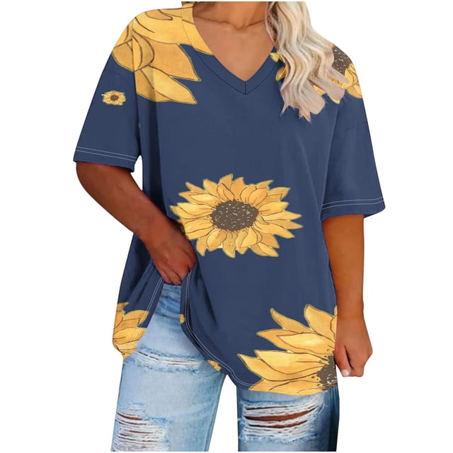 Camisetas Casuales de las Mujeres de Manga Corta de Cuello en V Oversized Camiseta Deportiva de Verano, Top Impreso Casual