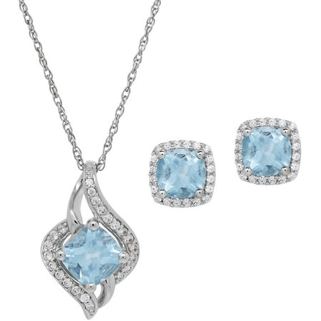 Cushion-Cut Blue Topaz & CZ Accent Sterling Silver Pendant and Earrings Set, 18 Chain