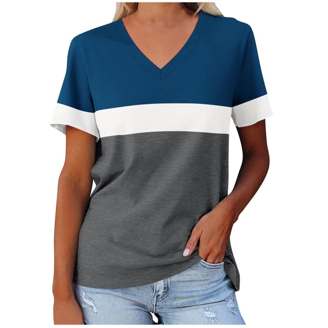 Yuyuzo T-Shirts pour Femmes Manches Courtes Décontractés Col en V Tops d'Été Color Block Tees Amples