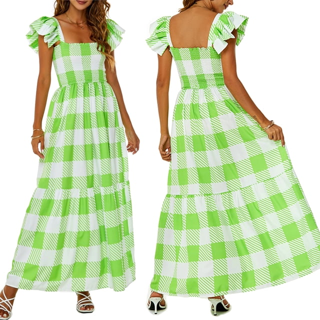 SAYOO Vestido bohemio de verano para mujer, vestido bohemio largo fruncido con manga a cuadros SAYOO Moda