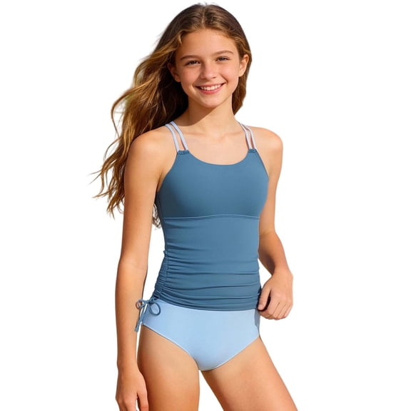 TGPMGRZ Girls Tankini Swimsuit Ruched 2 Piece Bathing Suit Drawstring Girls' Swimwear for 7-16 Years (Z01 Blue, 11-12 Years)