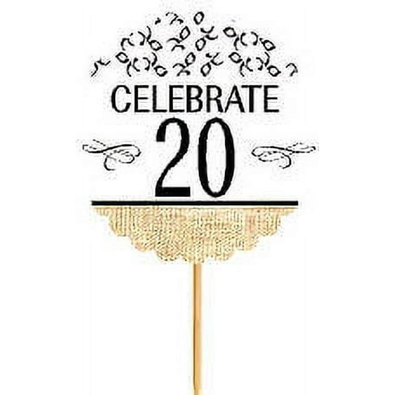20th Birthday / Anniversary Novelty Burlap Cupcake Decoration Picks -12pack