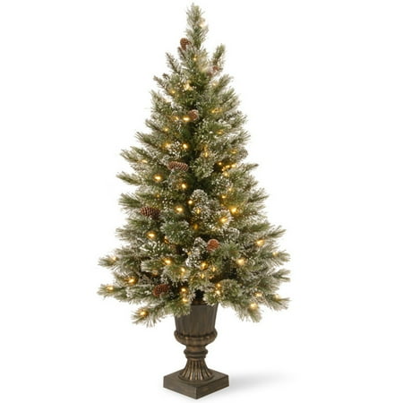 Footed Urn - National Tree Pre-Lit 4' Glittery Bristle Pine Entrance Artificial Christmas Tree with White Tipped Cones in a Dark Bronze urn with 100 Clear Lights