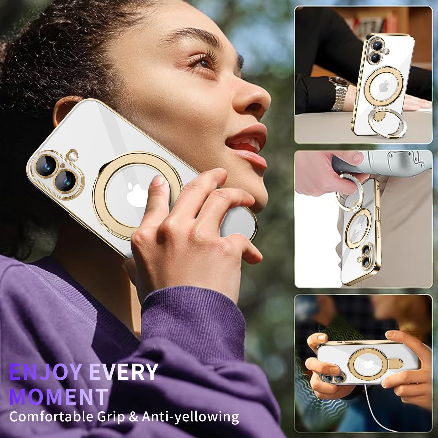 JETeacka Magnetic for iPhone 16 Case with Invisible Kickstand, MagSafe Compatible, Camera Protection, Shockproof Not Yellowing Slim Soft Cover, Gold