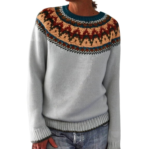 Kilaqueen Fair Isle Sweaters for Women Crew Neck Long Sleeve Knitted Pullover Comfy Warm Fall Winter Fashion Holiday