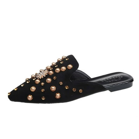 

uikmnh Women Slippers Summer And Autumn Women Pumps Low Heel Flat Pointed Toe Pearl Rhinestone Solid Color Half Slippers Mules Black 6.5