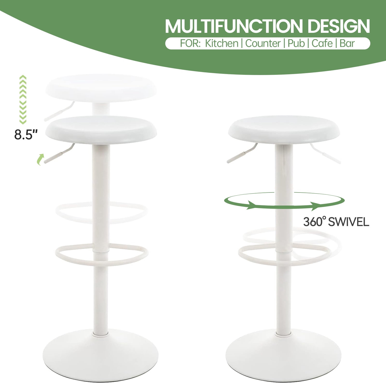 Single White Bar Stool, Adjustable 360° Swivel Counter Height Bar Stool, Industrial Backless Metal Bar Chair for Kitchen Island with Footrest