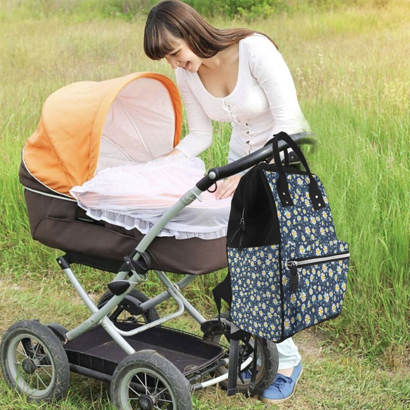 Fuzoiu Daisy Floral B Print Diaper Bag Backpack,Baby Essentials Travel Tote,Multi function Waterproof Diaper Bag, Travel Essentials Baby Bag - Unisex
