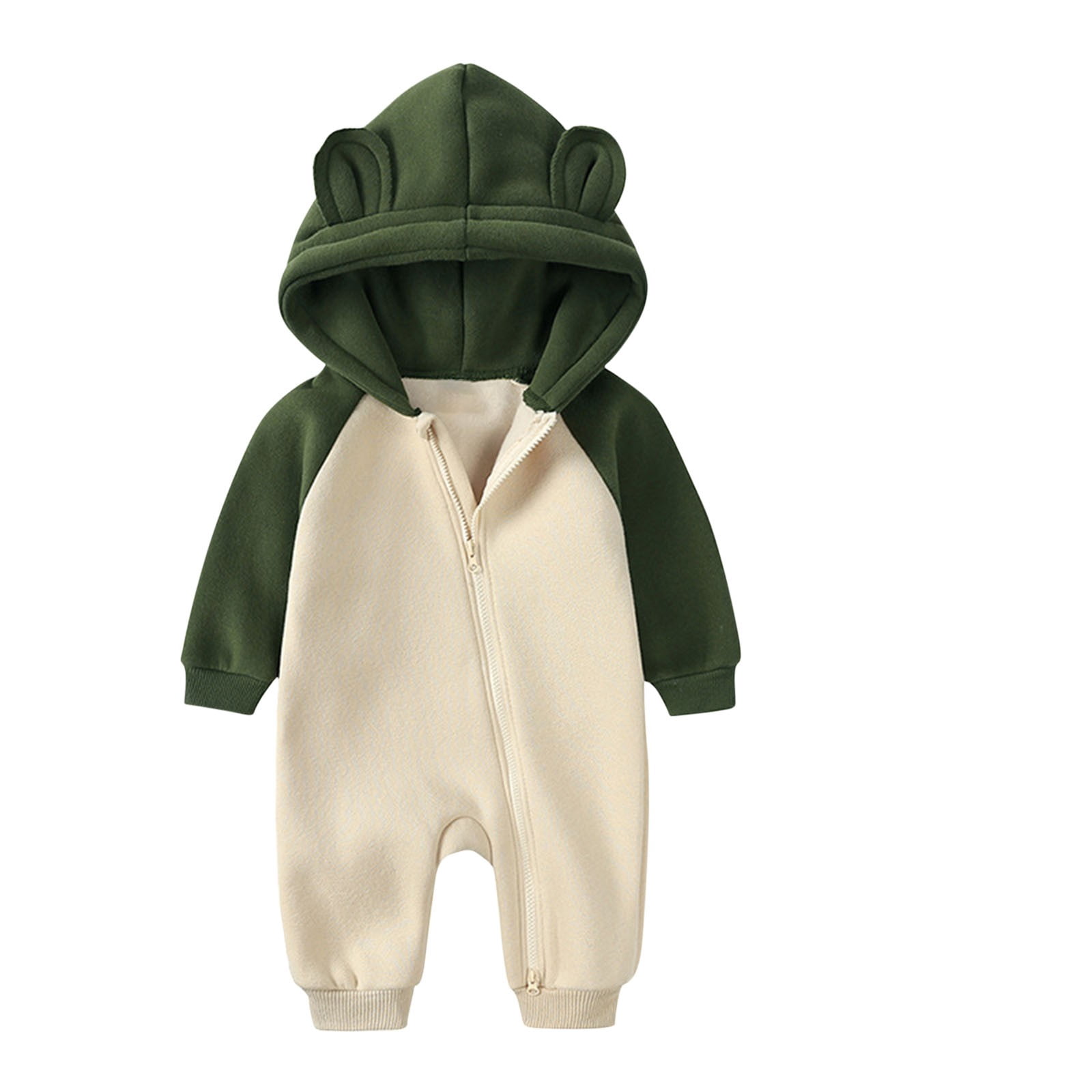 Riecok Baby Boy Girls Winter Warm Rompers Fleece Thick Onesie Cute Bear Ears Hooded Winter Infant Clothes Green 0 Months