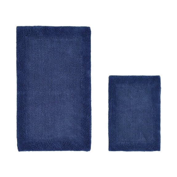 Better Trends 2 Piece Premium Bathroom Rug Set 100% Cotton Soft Tufted Reversible Bath Rug Water absorbent Bath Mat Ideal for Bathroom Shower and Tub Use, Edge Collection Navy (17" x 24" | 24" x 40")