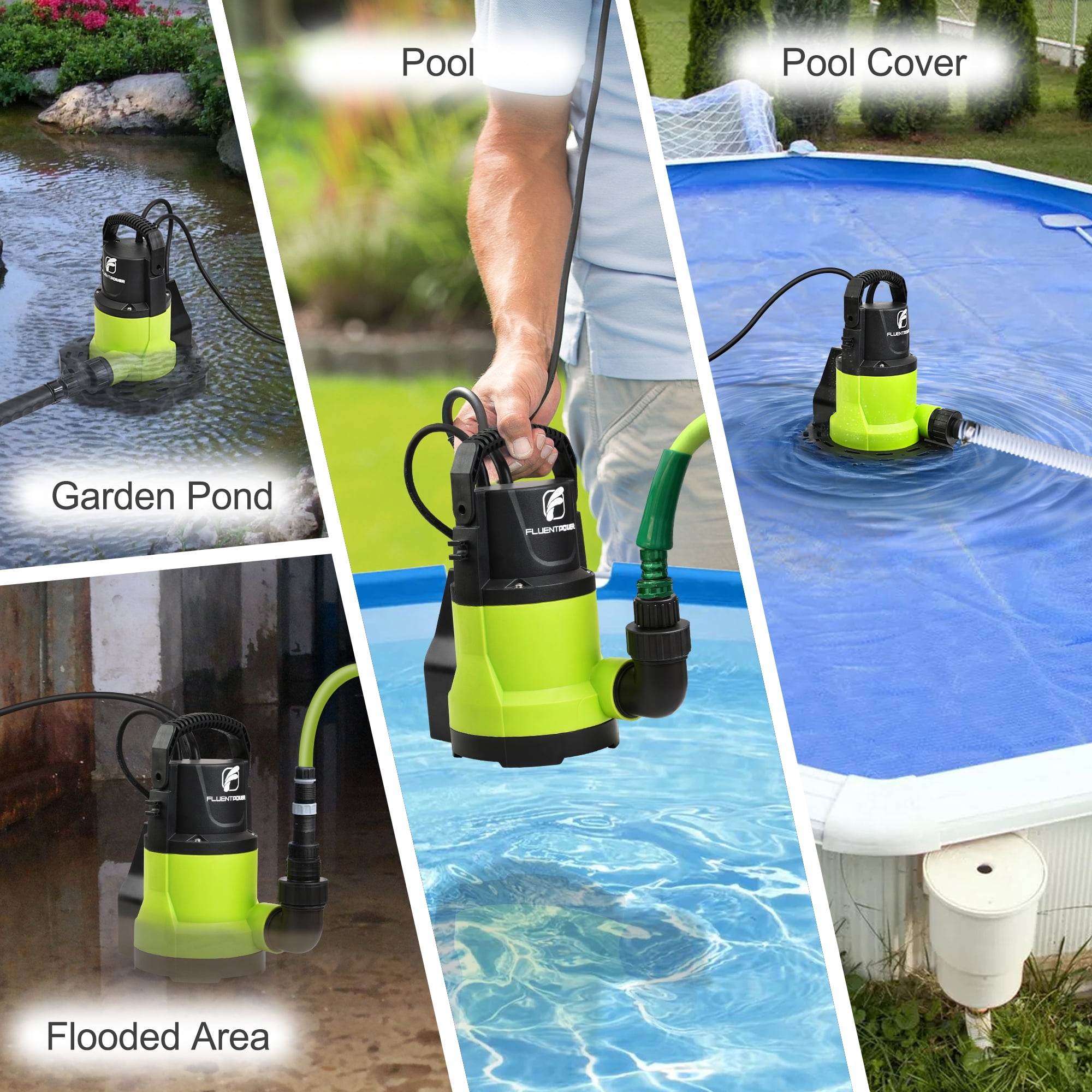 FLUENTPOWER Automatic Pool Cover Pump, 3/4HP 3400GPH Submersible Above Ground Water Removal Pump with Check Valve Adapter