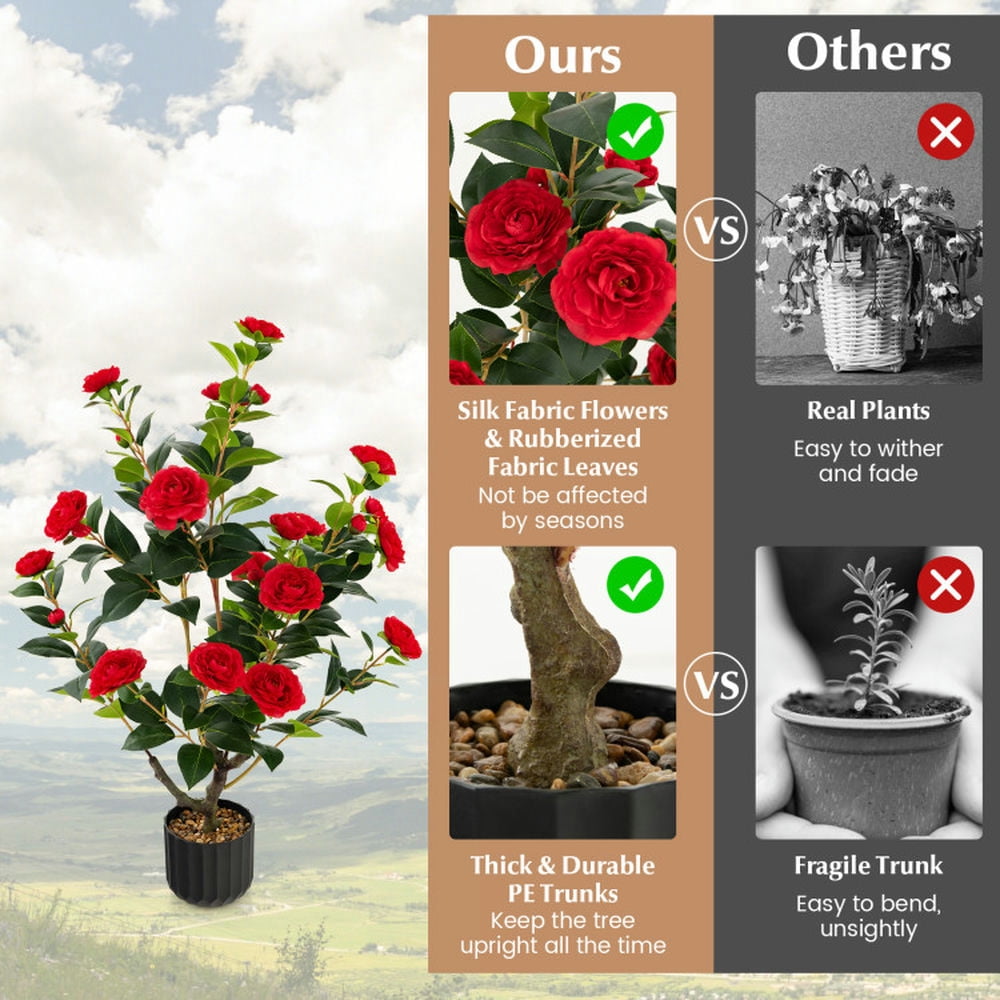 Spaco 38 inch Artificial Camellia Tree, Faux Flower Plant in Cement Pot 2 Pack, Artificial Plant Faux Flower Plant for Indoor and Outdoor, Red