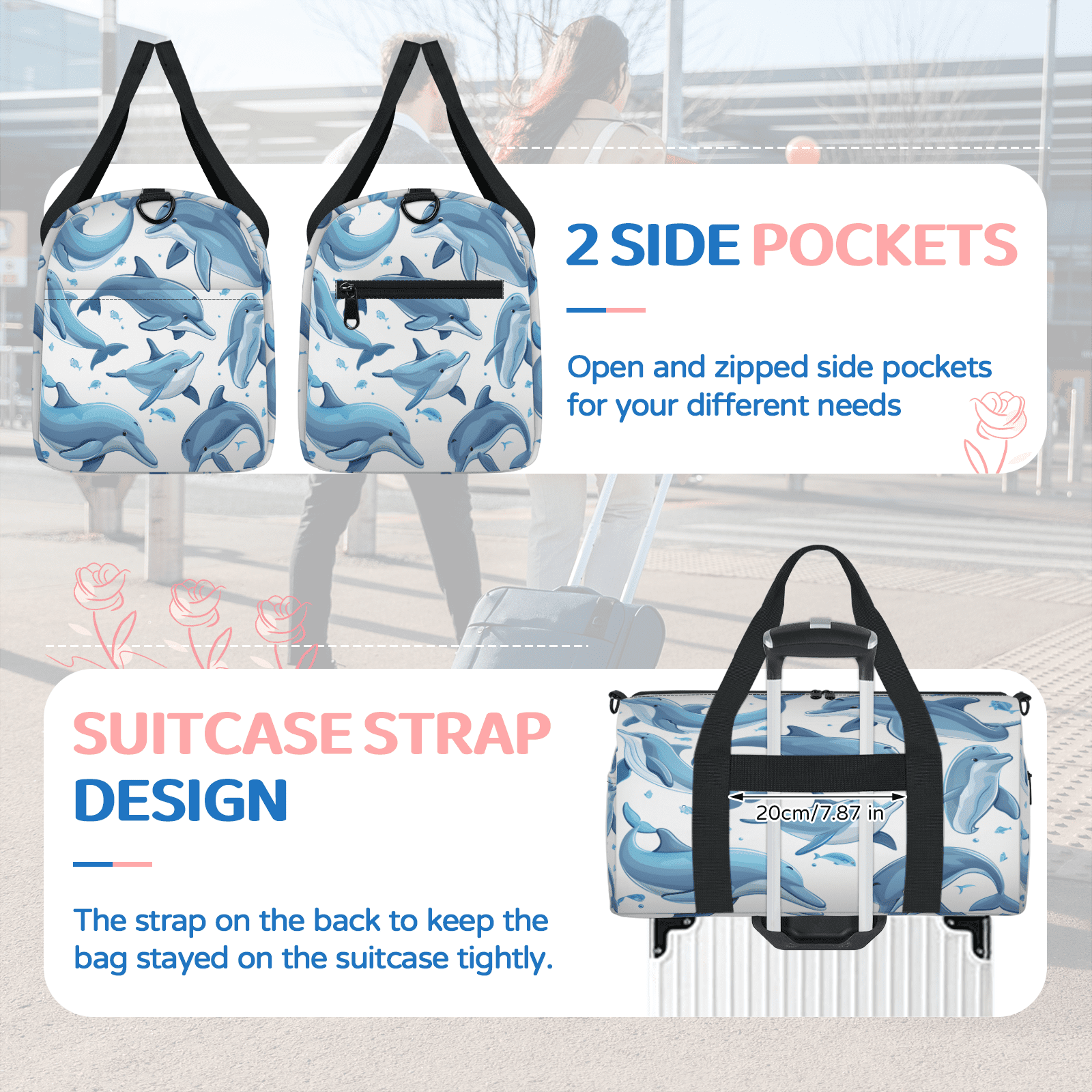 Herdesigns Dolphin Travel Duffle Bag Sports Yoga Weekender Overnight Carry on Workout Bags Lightweight Waterproof Gym Tote Bag for Women Animal Fish