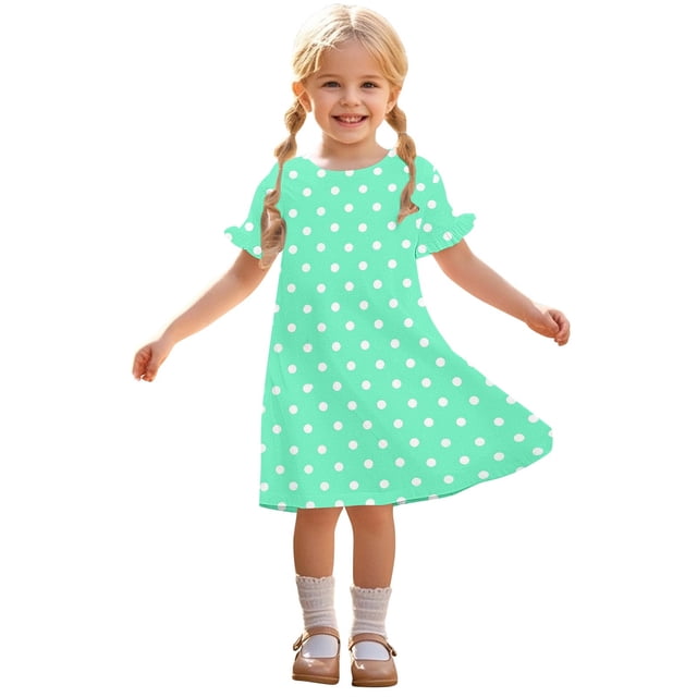 Zpanxa Robes d'Été pour Filles Décontractées à Manches Courtes Col Rond Imprimé Robe en Polyester Spandex Vert Menthe 6 Ans