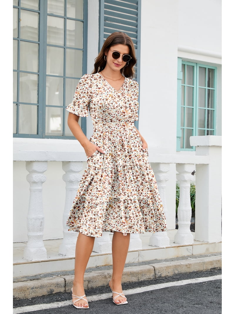cute summer dress midi Blue and Ivory Print Midi Summer Dress with Buttons Ivory Blue Stripe Floral / Small