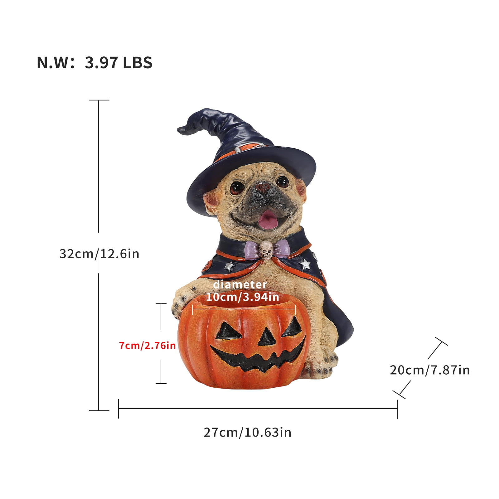 French Bulldog Figurine 12.6 Inch, Halloween Witch Puppy Statue with Pumpkin Candy Bowl, Cute Dog Decor for Tabletop and Holiday Display, Beige and Orange-Red