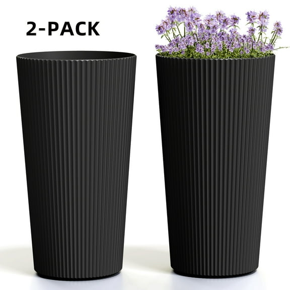 Chiccushion 23.6 inch Tall Planter Set of 2, Large Plastic Round Planter for Outdoor Indoor Garden Patio Front Door, Black