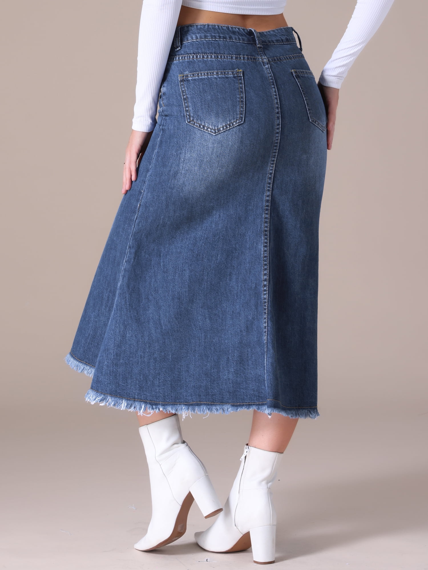 Unique Bargains Women's Long Denim Skirts Split A-Line Fishtail Jean Skirt L Dark Blue