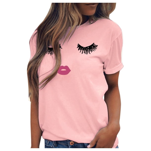Hecho para Más Camisa Mujeres Sudadera de Manga Corta con Patrón Casual con Diseño de Pestañas Impreso, Cuello Redondo para el Hogar Y el Trabajo