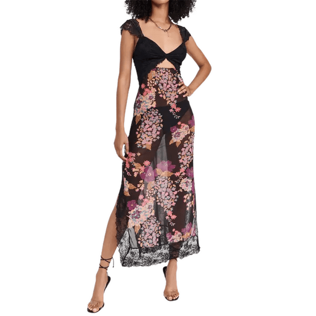 Gupgi Robe Longue Fleurie pour Femme en Dentelle Patchwork à Découpes Col en V Sans Manches Robe Moulante d'Été Fendue Dos Nu Robe Translucide
