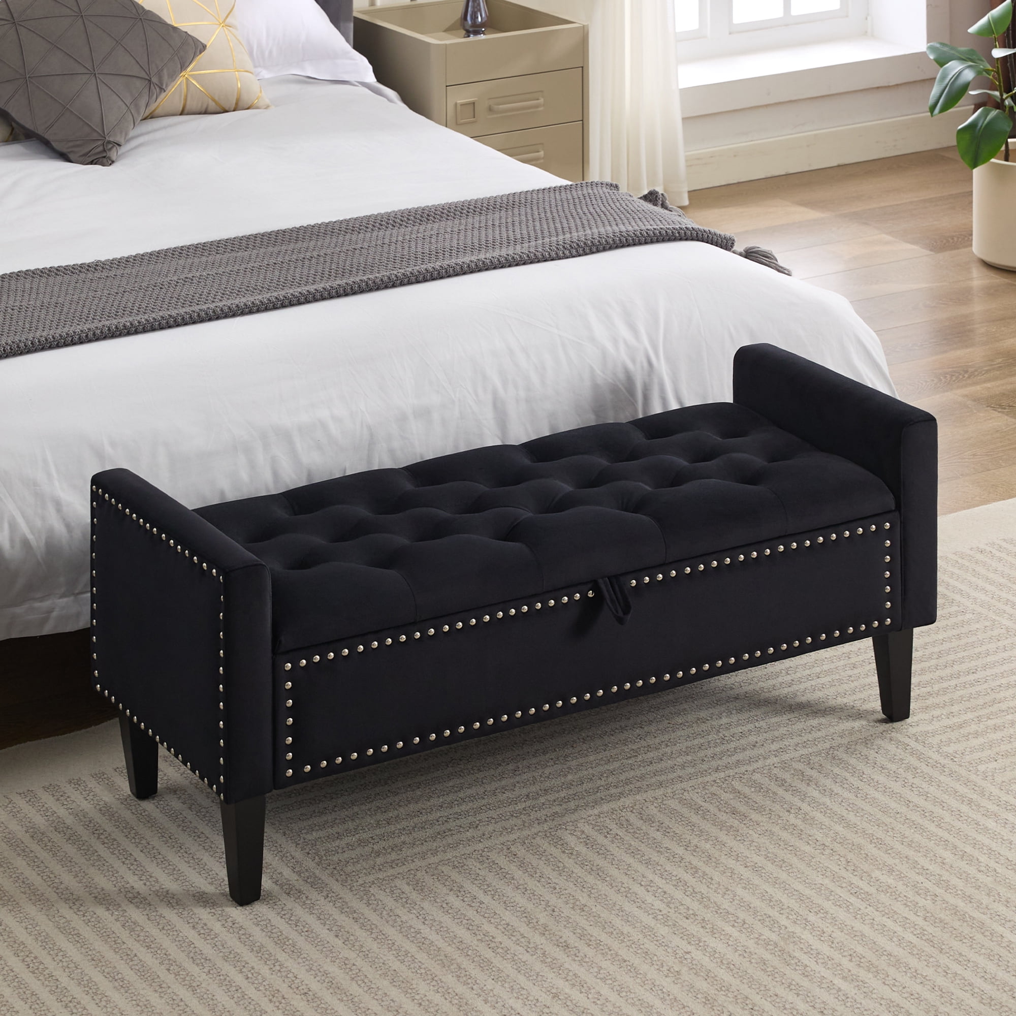 Velvet Storage Bench, Upholstered Bed Bench with Storage, End of Bed Ottoman with Wooden Legs,Bedside Storage Bench for Bedroom, Living Room, or Entryway, Black