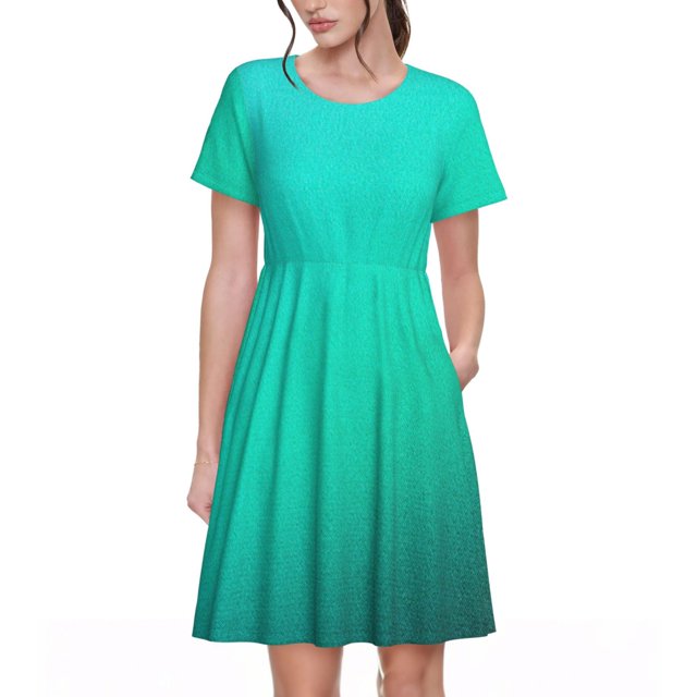 Fotbe Turquoise Light Blue Vestido Largo de Moda para Mujer, Vestido Tipo Camiseta con Manga Corta y Estilo Casual a Rayas y Bloques de Color