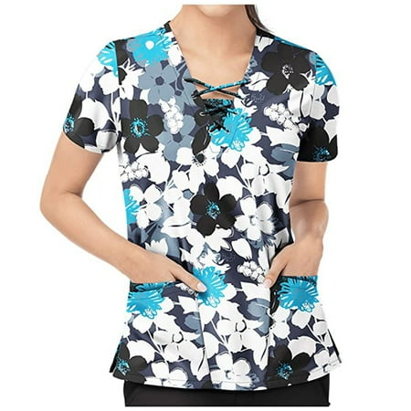 

Homenesgenics Womens Suit Plus Size Pajamas for Women Print Nurse Uniforms for Women Breathable Patterned Short Sleeve V-Neck Plus Size Shirts Tee Tops with Pockets