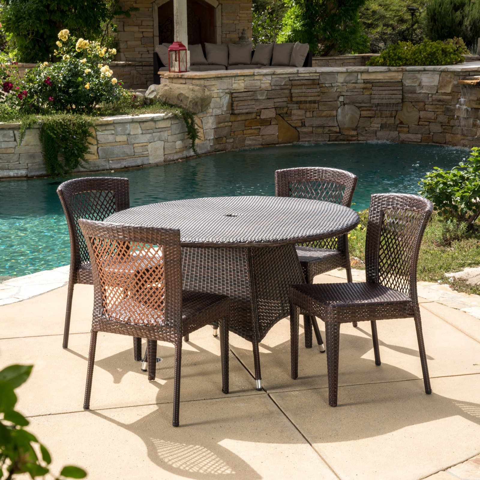 Celia Wicker 5 Piece Round Patio Dining Set Brown