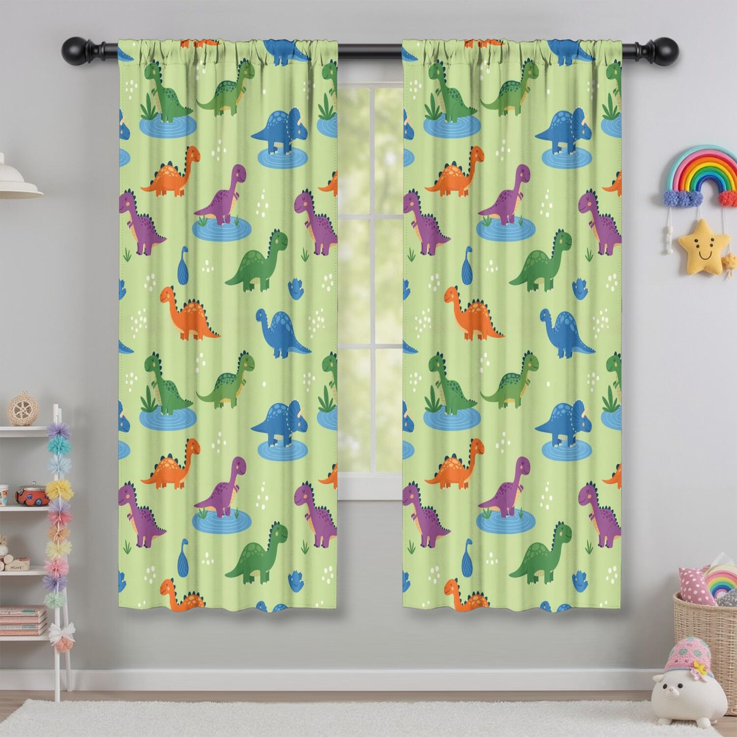 Blackout Kids Curtains,Green Dinosaurs Ponds Pattern Childrens Insulated Curtains Set Of 2,Bedroom Essentials,Toddler Room Decor 42"x63"