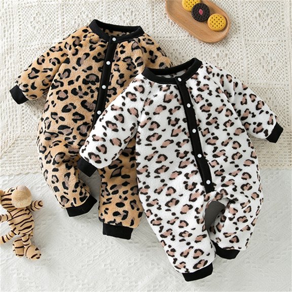 Toddler Kids Girls Boys Rompers Long Sleeve Baby Cartoon Leopard Print Romper Winter Warm Clothes Jumpsuit Cute Outfits 3-6 Months