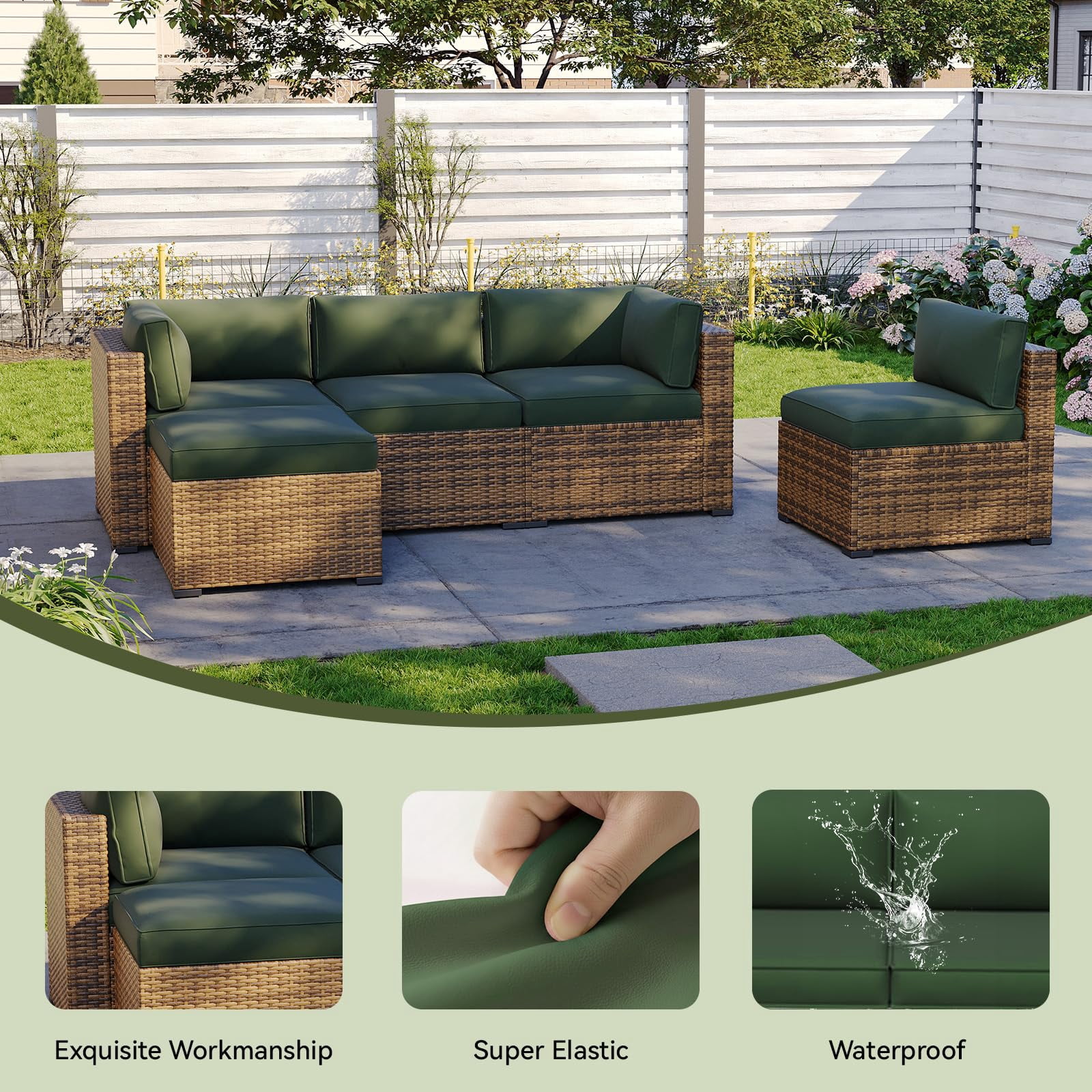 Clouddwell 11-Piece Outdoor Cushion Slipcovers Replacement for 5-Seat Wicker Sectional-Waterproof, Non-Slip Bottom (Black Green)