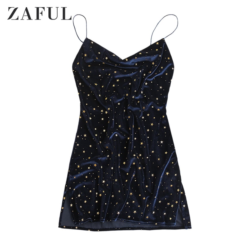 ZAFUL Prom Dress for Women's Trendy Side Slit Stars Velvet Cami Short Dress  Deep Blue S - Walmart.com