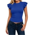 thumbnail image 3 of ClodeEU Women's Crew Neck Ruffle Cap Sleeve T-Shirt,Fitted Ribbed Knit Basic Slim Top Blue,Women's Plus M, 3 of 7