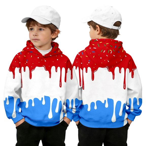 FASHOFT Ice Cream Graphic Hoodies for Boys Pullover Sweatshirt Long Sleeve Youth Hooded Top Baseball Gift Casual Streetwear Everyday Fall Outfits Red 7-8 Years