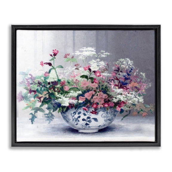 Painterly Elegant Blooms Vase Black Framed Floater Canvas Wall Art, design by Lettered and Lined