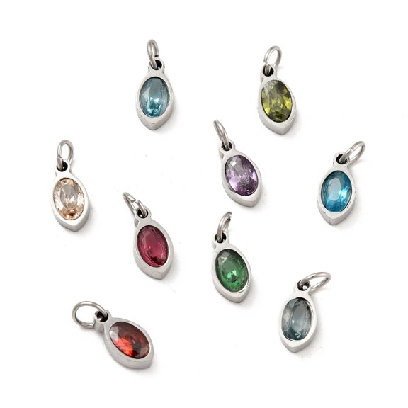 20pcs 304 Stainless Steel Pendants with Cubic Zirconia and Jump Rings Single Stone Oval Stainless Steel color Mixed color 10x5x3mm Hole: 3.4mm