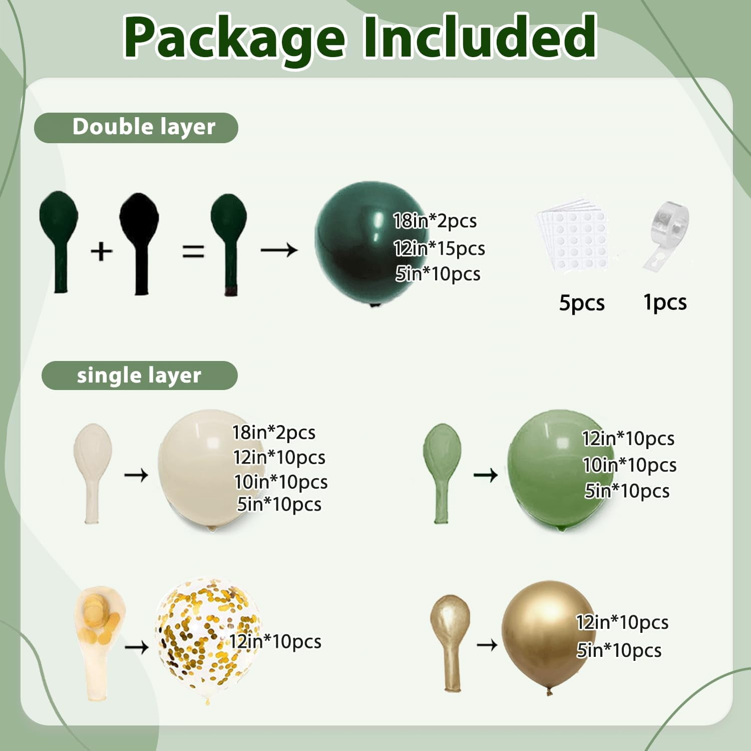 Emerald Green White Gold Balloon Arch Kit, Double Stuffed Sage Olive Green Sand White Beige Chrome Gold Confetti Balloons, for Wedding Birthday Graduation Jungle Safari Party Decor